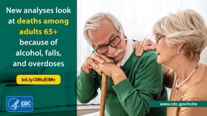 Photo of woman comforting man on cane. Text says new analyses look at deaths for adults 65+ from alcohol, falls, overdoses.