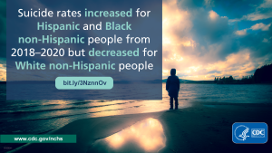 The image shows the silhouette of a person standing on the river or lake shore in a hooded coat and boots, looking out at the water at sunset and states that suicide rates increased for Hispanic and Black non-Hispanic people from 2018–2020 but decreased for White non-Hispanic people. 