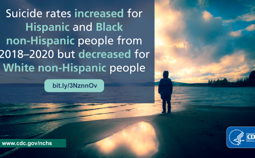 The image shows the silhouette of a person standing on the river or lake shore in a hooded coat and boots, looking out at the water at sunset and states that suicide rates increased for Hispanic and Black non-Hispanic people from 2018–2020 but decreased for White non-Hispanic people.