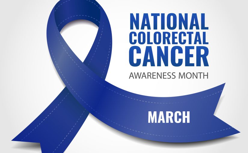 Illustration of National Colorectal Cancer Awareness Month. Banner with dark blue ribbon.
