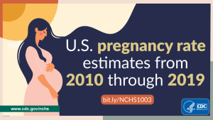 The image shows a pregnant woman in profile and reads U.S. pregnancy rate estimates from 2010 through 2019.