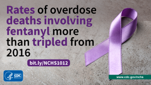 The image shows the purple ribbon on the right side on the surface of the concrete and states Rates of overdose deaths involving fentanyl more than tripled from 2016 to 2021.