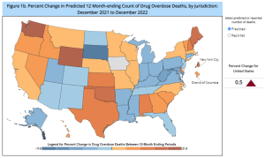 Map of United States with provisional drug overdose deaths in the 12-months ending in December 2022.