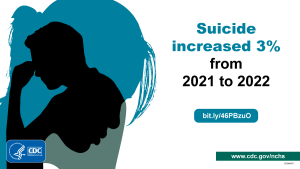 Image on left shows silhouettes of a male with hand to head and a female with head bowed with text on right stating suicide increased 3 percent from 2021 to 2022.