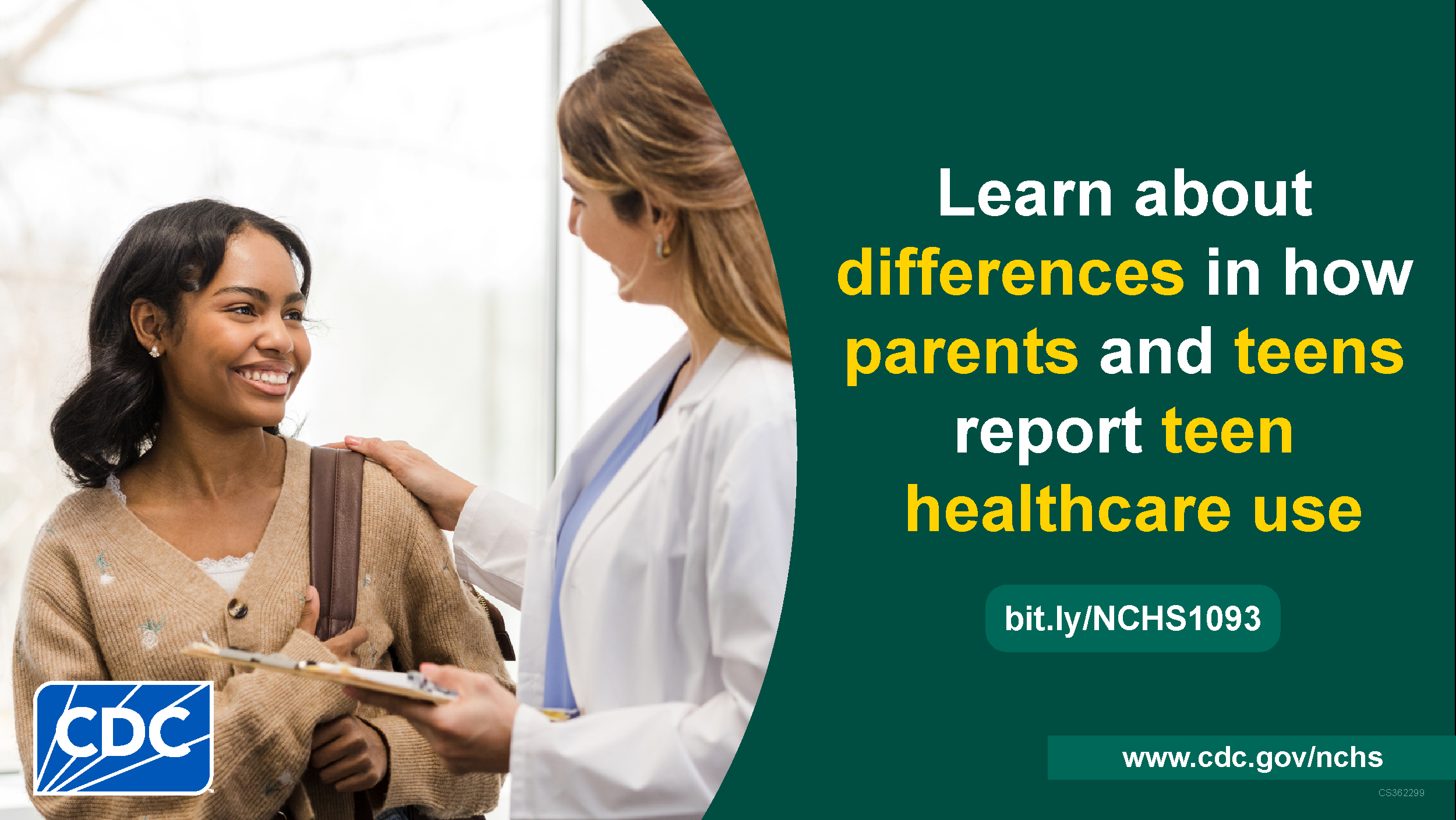Healthcare professional puts arm on shoulder of teen while holding clipboard. There is text saying "Learn about differences in how parents and teens report teen healthcare use"