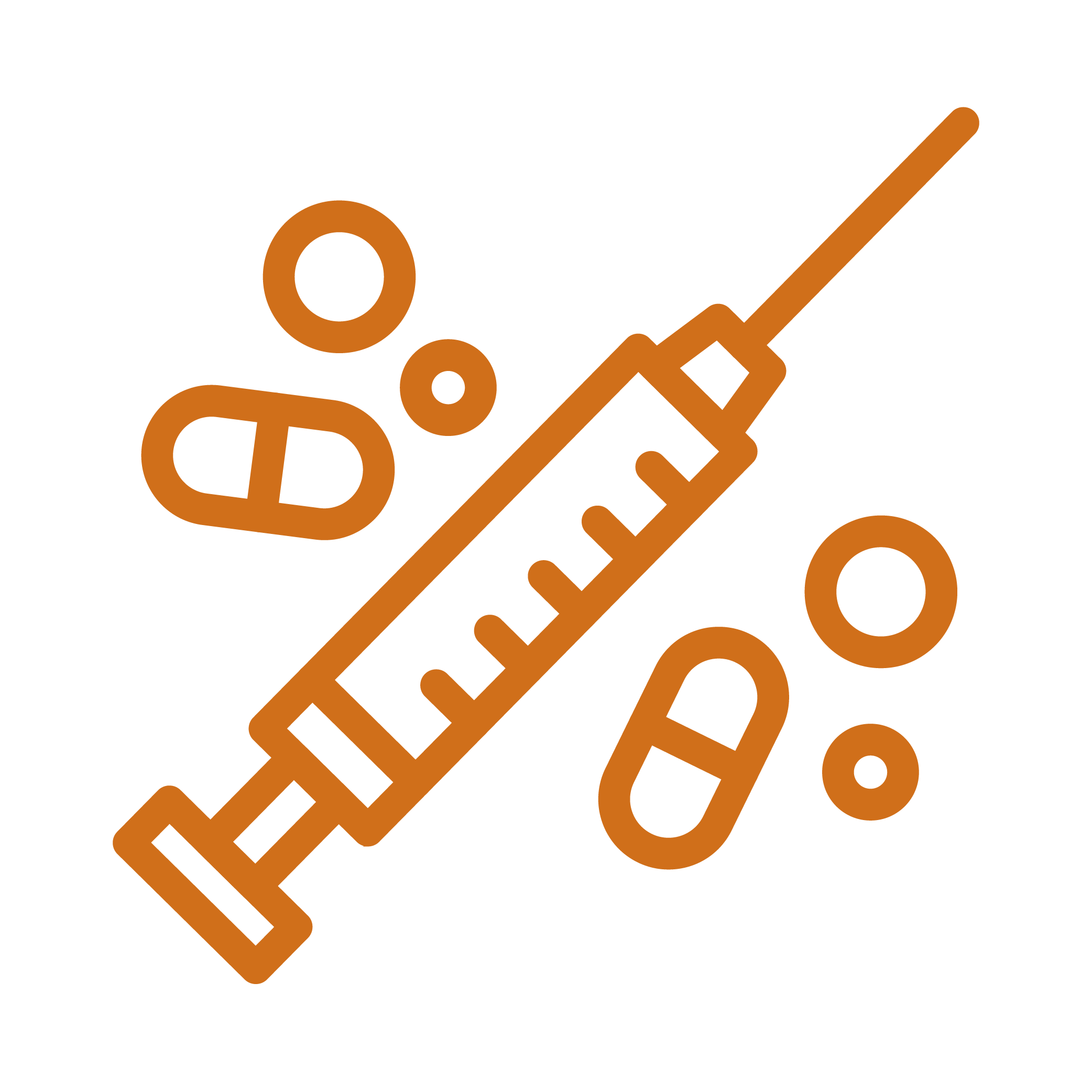 Orange icon of a syringe angled diagonally alongside several pills and circular tablets on a white background.