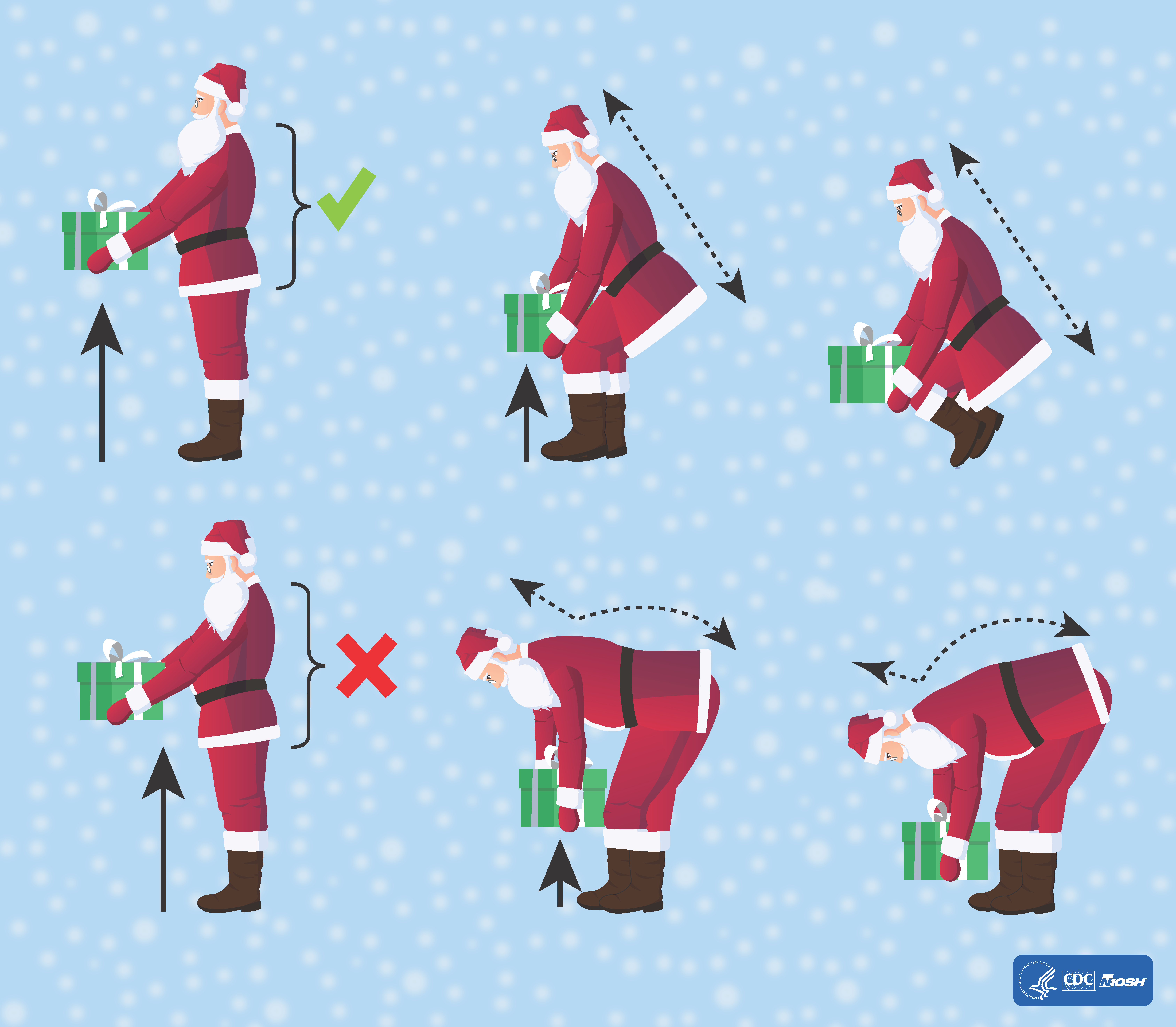 Infographic showing santa demonstrating proper lifting technique in six steps. 