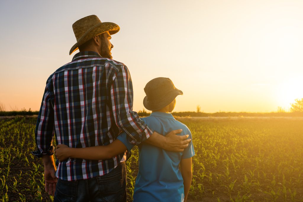Father and son enjoying a sunset while standing in their growing wheat field.
