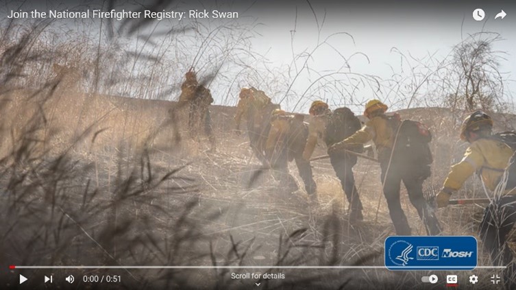 Screen shot from the NIOSH video "Join the National Firefighter registry Rick Swan". Image shows six wildland firefighters in an outdoor setting. 