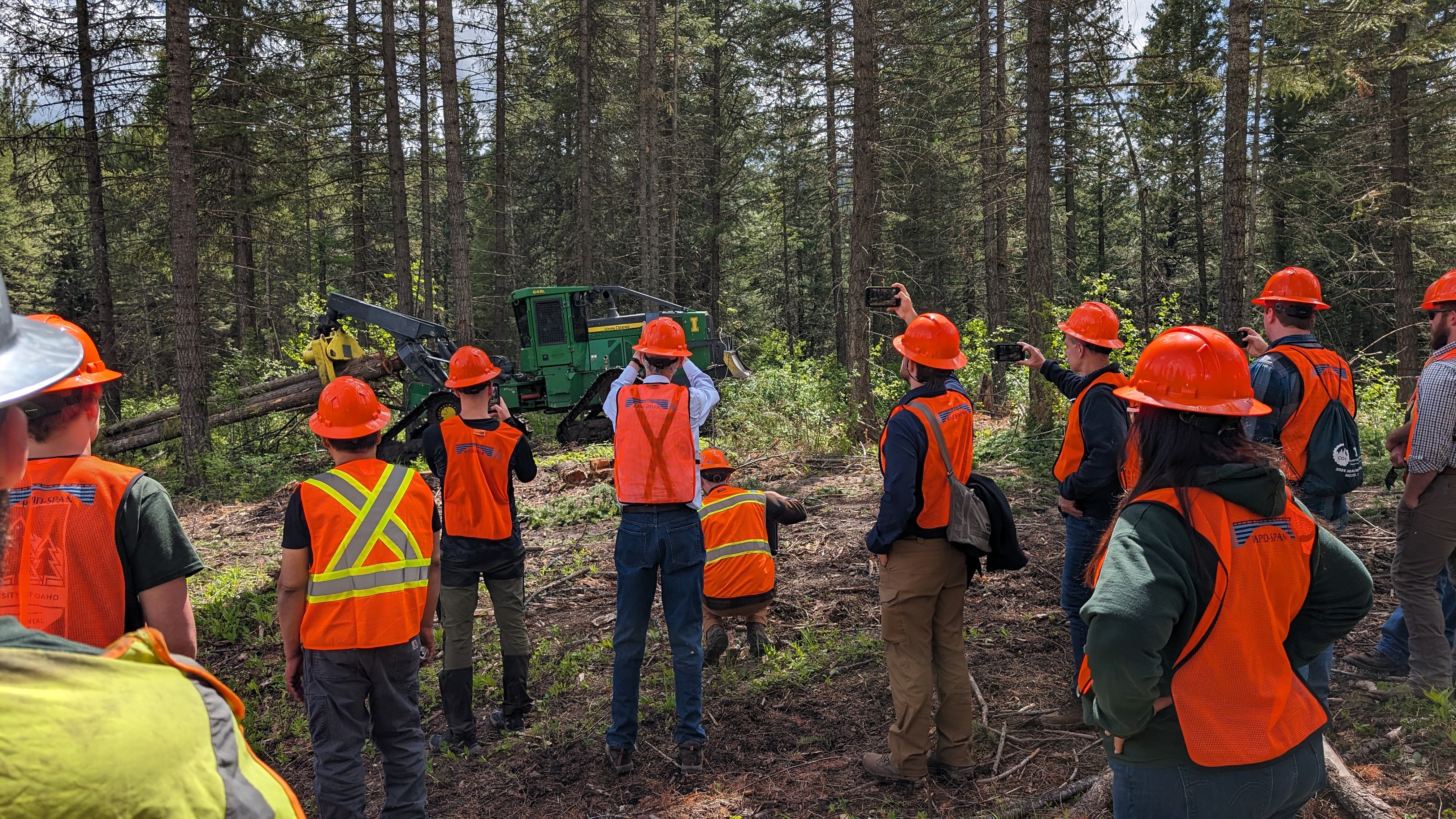 Conference attendees in orange hard hats and safety vests watch a new skidder in action in the forest. 