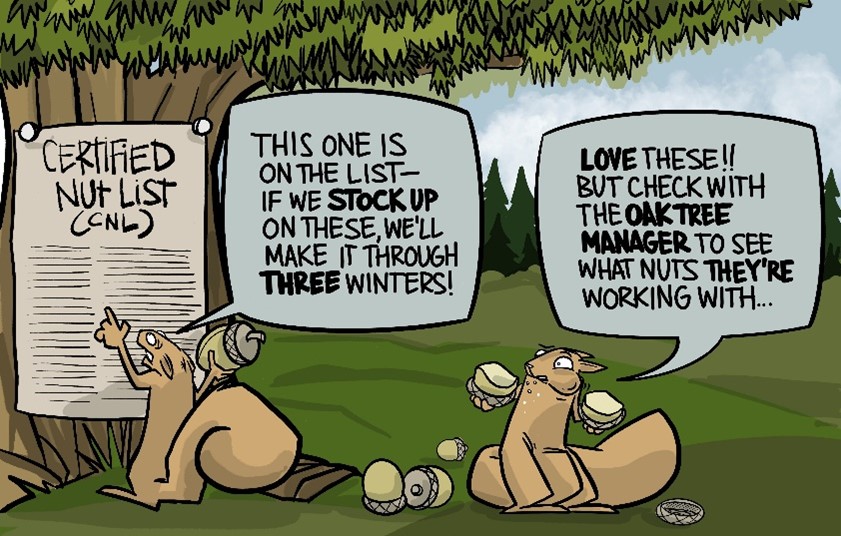 Comic strip drawing of a squirrel reading a certified nut list and saying This one is on the list -if we stock up on these, we'll make it through three winters! Another squirrel says "Love these!! But check with the oak tree manager to see what nuts they're working with..." 