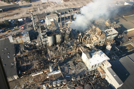 Aerial view of a 2008 sugar dust explosion at Imperial Sugar in Savannah, Georgia.