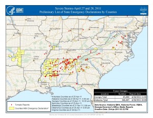 Map of the Southeast and where tornados were reported