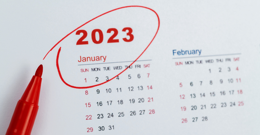 A calendar with the year 2023 circled in red marker.