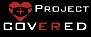 Red heart with a cross in the Middle. Black background with white and red letters that say “Project Covered”