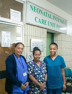 Healthcare workers stand at the entrance to the NICU at a hospital in Ethiopia.