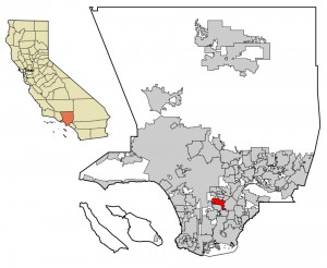 This graphic shows the location of the City of South Gate within in Los Angeles County and the location of Los Angeles County within the state of California. The City of South Gate is shown in red, and Los Angeles County is shown in pink. 