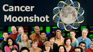 Cancer Moonshot with an image of a moon surrounded by DNA and a crowd of people