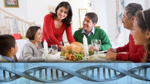 a multigenerational family eating a Thanksgiving meal with DNA