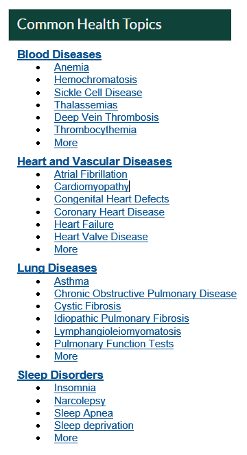 a screenshot of the commmon healht topics of HLBS-PopOmics