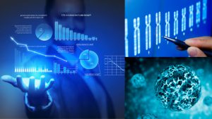 a person looking at data and chromosomes and a cancer cell