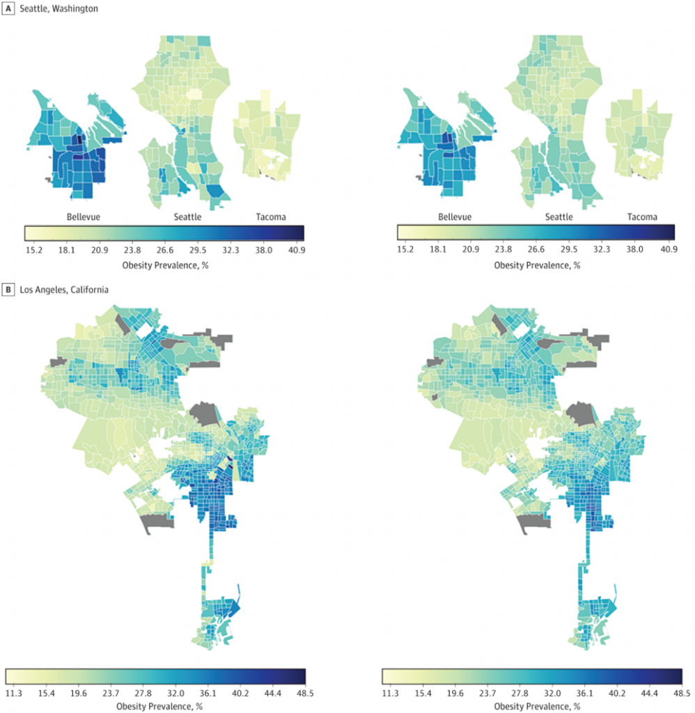 Actual Obesity Prevalence and Cross-Validated Model Estimates of Obesity Prevalence in High-Prevalence Areas Images on the right represent actual obesity prevalence; on the left, cross-validated estimates of obesity prevalence based on features of the built environment extracted from satellite images. Images from the Seattle region include Bellevue, Seattle, and Tacoma. The gray shaded regions do not have data.