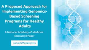 A Proposed Approach for Implementing Genomics-Based Screening Programs for Healthy Adults - A National Academy of Medicine Discussion Paper nam.edu/Perspectives with an image of DNA