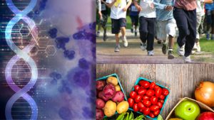 cancer cells with DNA and a crowd of people running and fresh fruits and vegetables