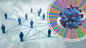 covid-19 virus overlayed on whole genome sequencing with a world map in the background where figures are connected with lines