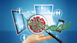 a hand magnifying DNA on COVID-19 with cellphones, tablets and laptops being connected by figures