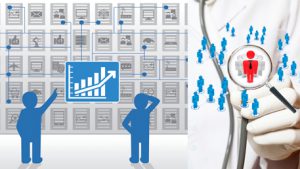 twp figures looking at a wall of graphs depicting predicive analytics, a doctor with a stethoscope that has a magifying glass on a red figure surrounded by lots of other clusters of figures