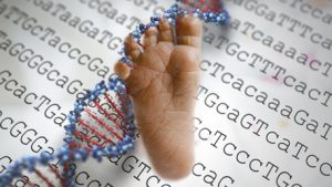 a babies foot with next generation sequencing in the background