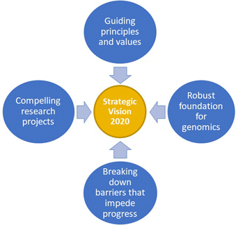 four text box circles surrounding one circle in the middle with arrows pointing to: circle in the middle: Strategic vision, next circles: guiding principles and values, robust foundation for genomics, breaking down barriers that impede progress, compelling research projects