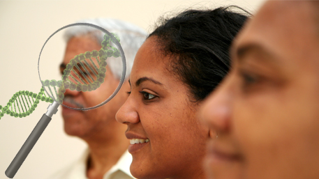 three individuals with one having a magnifying glass on him with a double helix