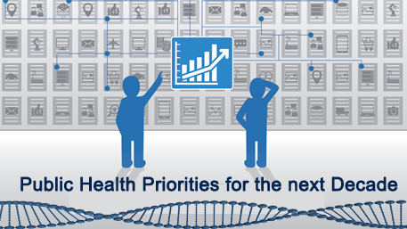 Public Health Priorities for the next Decade with two figures looking at data with a double helix 