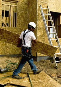 construction worker carrying plywood