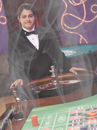 dealer behind a roulette table with fumes of smoke