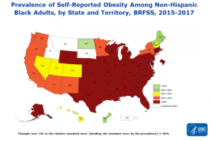 Prevalence of self-reported obesity among non-Hispanic white, non-Hispanic black, and Hispanic adults, by state and territory, Behavioral Risk Factor Surveillance System, 2015–2017. Obesity was defined as a body mass index of 30 or higher based on self-reported weight in kilograms divided by the square of the height in meters. Prevalence estimates reflect changes in BRFSS methods that started in 2011. These estimates should not be compared to prevalence estimates before 2011. Areas are indicated as having insufficient data if they had a sample size of less than 50 or a relative standard error (dividing the standard error by the prevalence) of 30% or more.