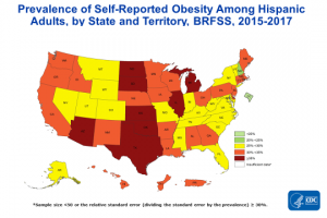 Prevalence of self-reported obesity among non-Hispanic white, non-Hispanic black, and Hispanic adults, by state and territory, Behavioral Risk Factor Surveillance System, 2015–2017. Obesity was defined as a body mass index of 30 or higher based on self-reported weight in kilograms divided by the square of the height in meters. Prevalence estimates reflect changes in BRFSS methods that started in 2011. These estimates should not be compared to prevalence estimates before 2011. Areas are indicated as having insufficient data if they had a sample size of less than 50 or a relative standard error (dividing the standard error by the prevalence) of 30% or more.