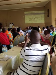 Community hospital workers learn proper Ebola infection prevention and control techniques in Rwanda.