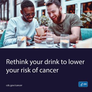 Friends sitting at a table drinking water. Rethink your drink to lower your risk of cancer.