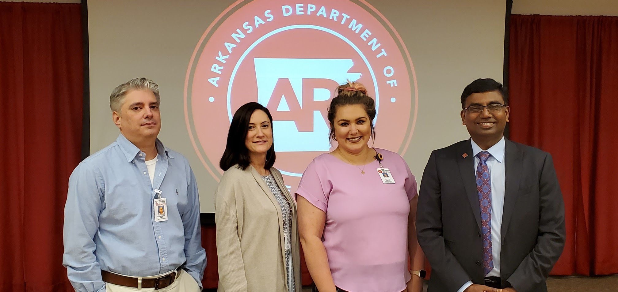 Arkansas Central Cancer Registry staff who are looking at how COVID-19 is affecting cancer patients: Informatics Supervisor Chris Fisher; Registry Director Abby Holt; Cancer Epidemiologist Mallory Jayroe; Cancer Registry Advisory Chair and Acting Chief Medical Officer at the Arkansas Department of Health Dr. Bala Simon.