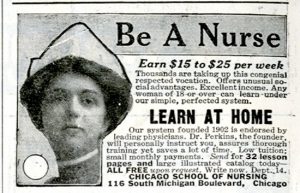 A black-and-white advertisement for the Chicago School of Nursing.