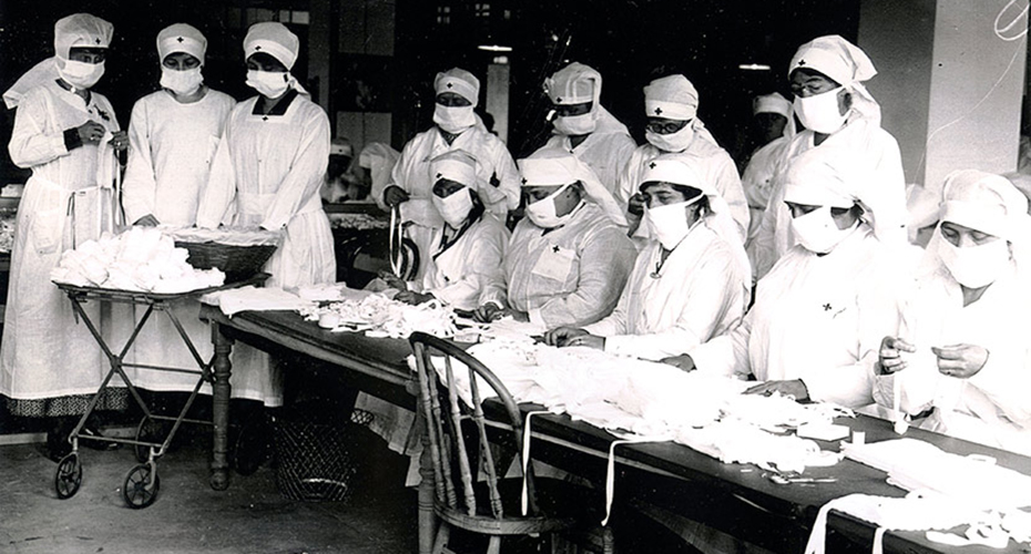 Group photo of Red Cross nurses in Boston wearing personal protective equipment.