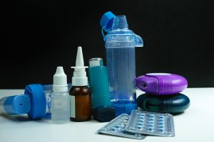 Asthma medication. Set of inhalers and medication