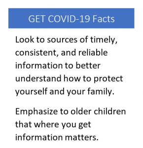 Get COVID-19 Facts. Look to sources of timely, consistent, and reliable information to better understand how to protect yourself and your family. Emphasize to older children that where you get information matters.
