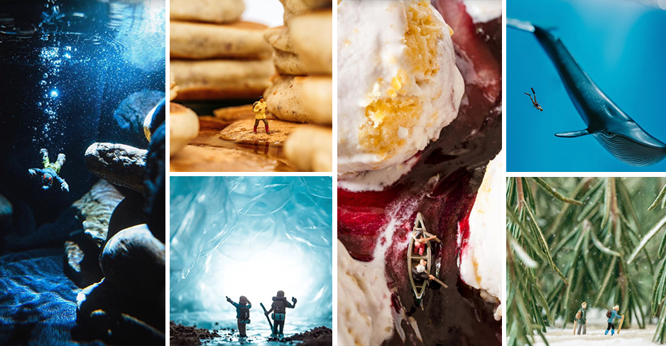 A collage of staged photos created by several Instagram users. The photos use toys and food to recreate scenes in nature.