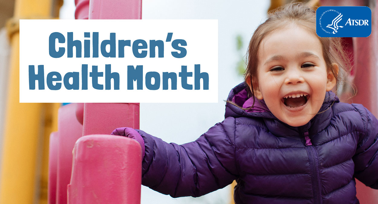 A young girl at the playground slide smiling, with the title Children’s Health Month written across the image.