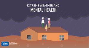 Graphic of a family standing on the roof of a flooded house. Text says: “Extreme weather and mental health.”